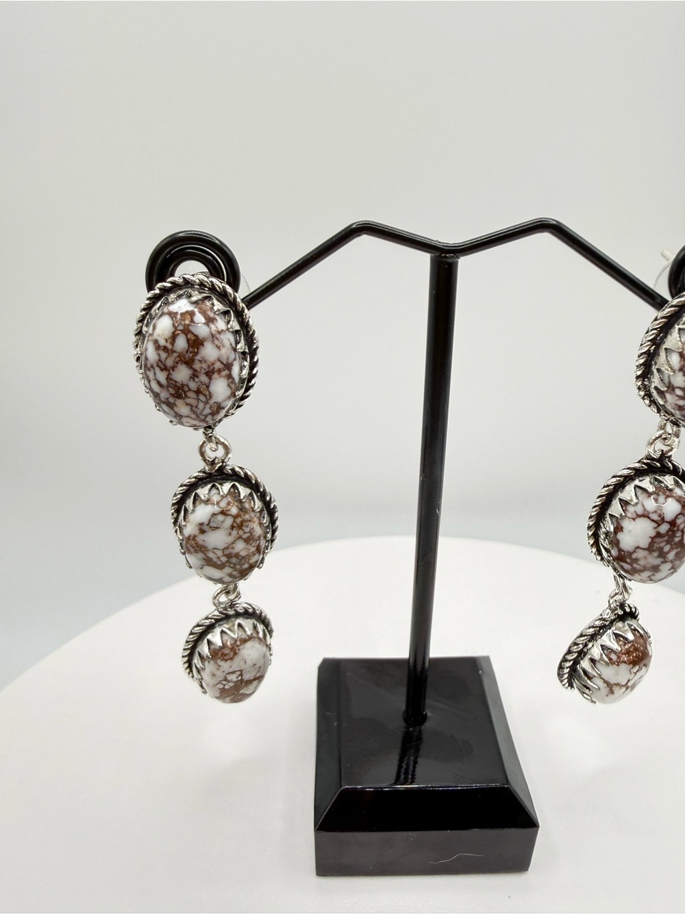 Handcrafted White Horse 3- Stone Drop Earrings Sterling Overlay- Women Jewelry - Picture 3 of 5